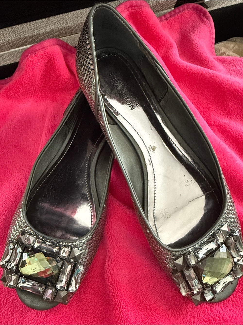 Embellished Silver Jeweled Peep-Toe Flats